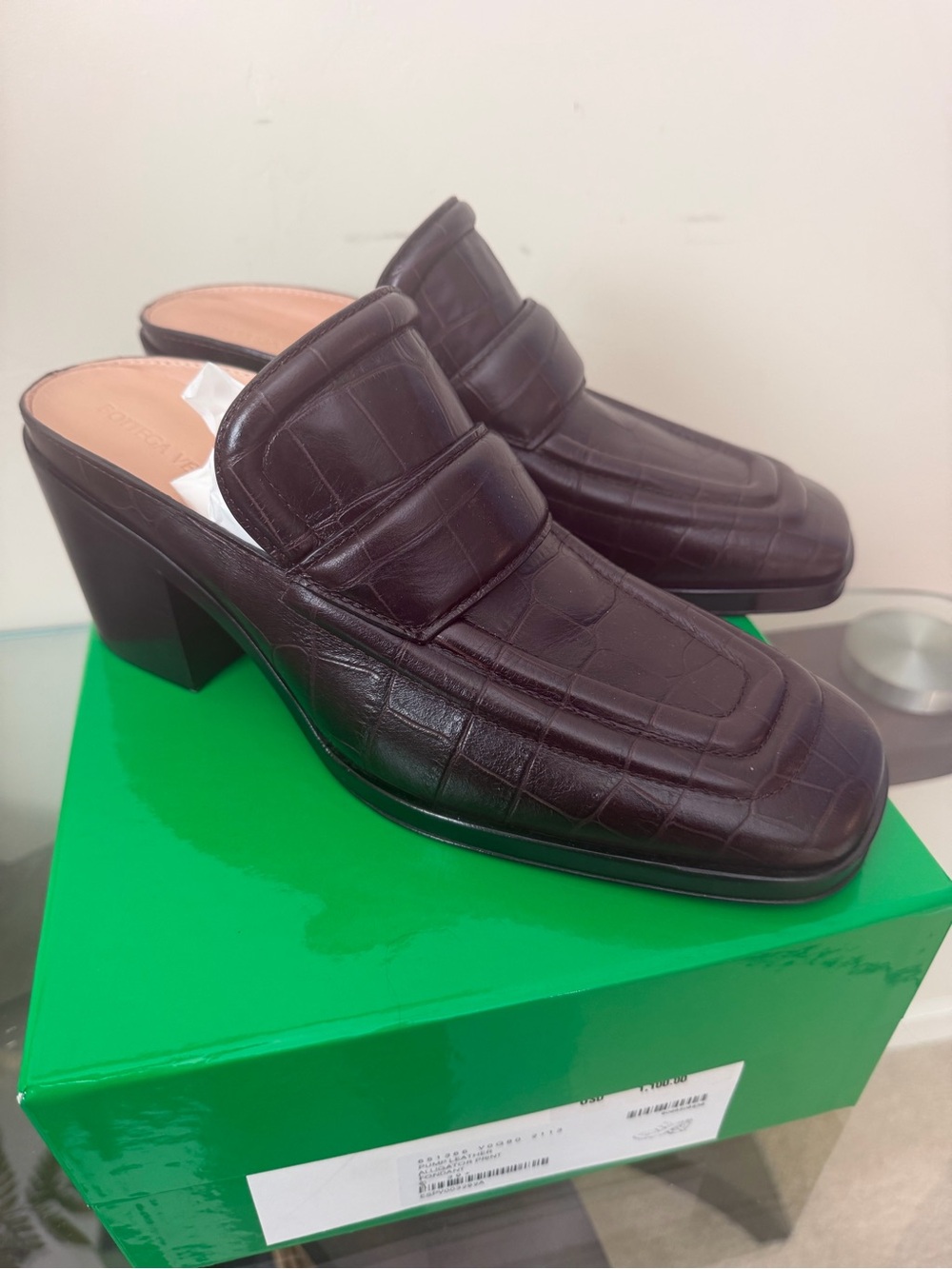 Bottega Veneta Dark Brown Croc-Embossed Leather Mules